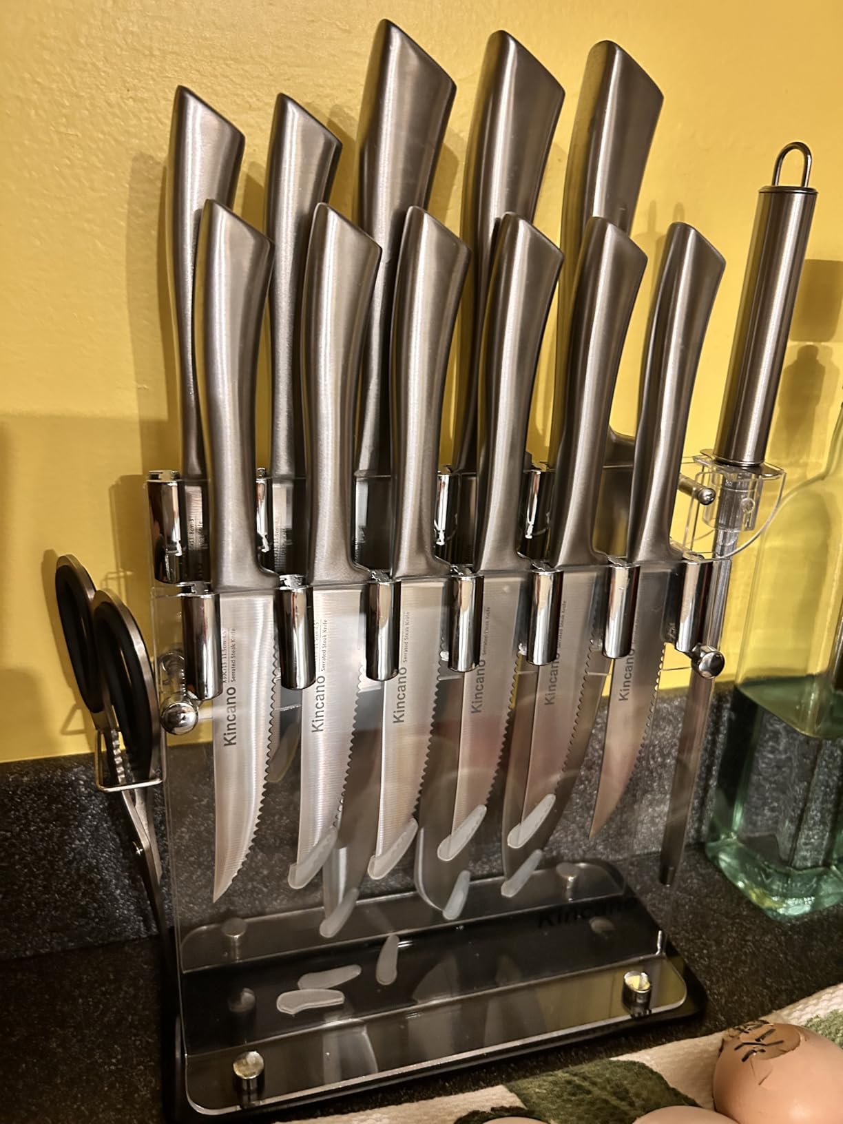 Knife Set, 14 PCS High Carbon Stainless Steel Super Sharp Kitchen Knife Set for Chef with Acrylic Stand, include Steak Knives, Sharpener and Scissors, Ergonomical Design by kincano customer photo 1