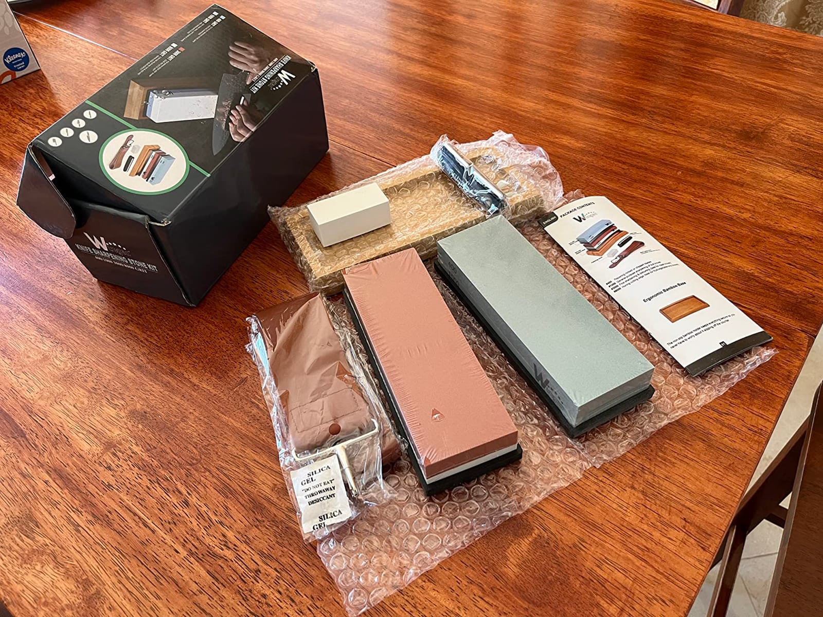 Knife Sharpening Stone Kit – 400/1000 3000/8000 Grit Wet Kitchen Whetstone Knife Sharpener Set with Non-slip Bamboo Rubber Base, Angle Guide, Flattening, Leather Strop and Cut Resistant Gloves customer photo 2