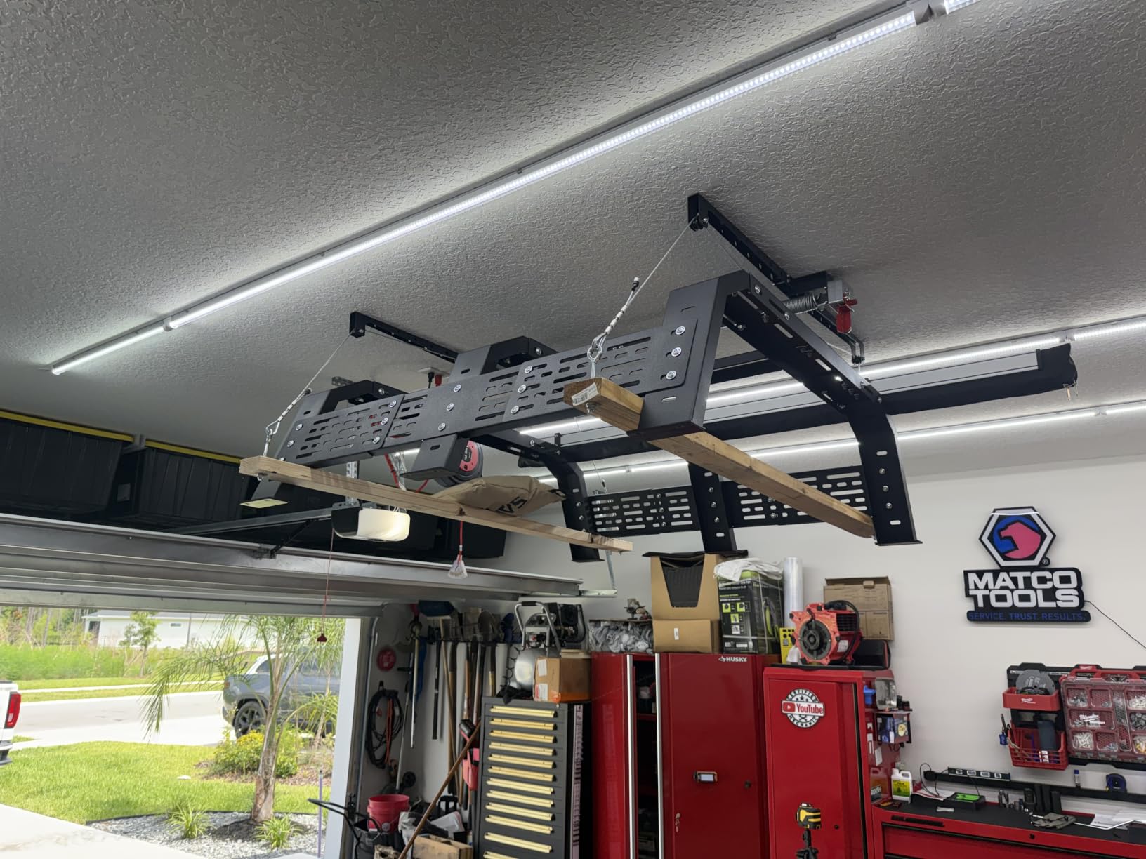 Overhead Garage Storage Rack for 8-10 FT Ceiling, Heavy-duty 4x4 FT Ceiling Storage Racks with Safety Lock, Ideal for Garage Storage Mounted Lift System and Storage Organizer, 250lb Capacity customer photo 2