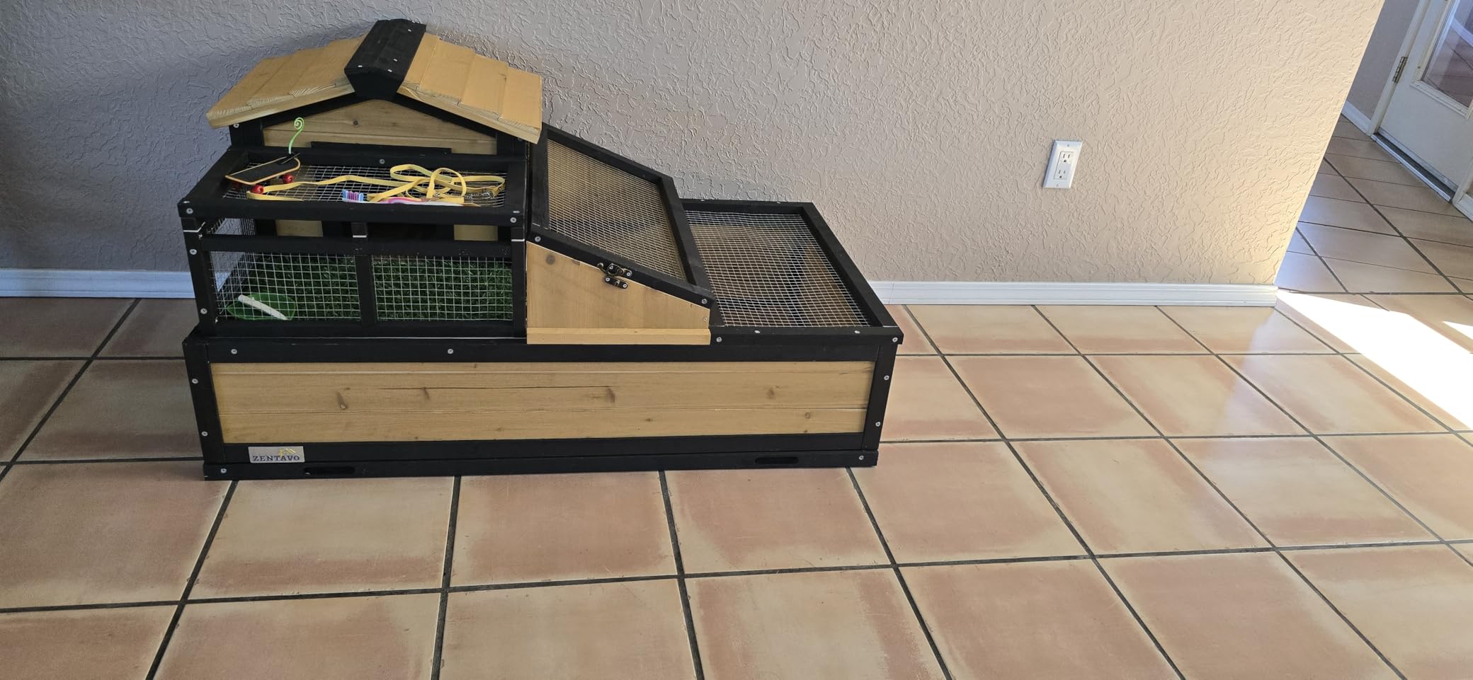 3-Room Large Tortoise Habitat with Pull-Out Tray, Wooden Reptile Enclosure Indoor & Outdoor with Ramp, Grass Mat, Openable Roof, Reptile Cage for Small Animals, Luxurious Tortoise House Villa, Gray customer photo 2